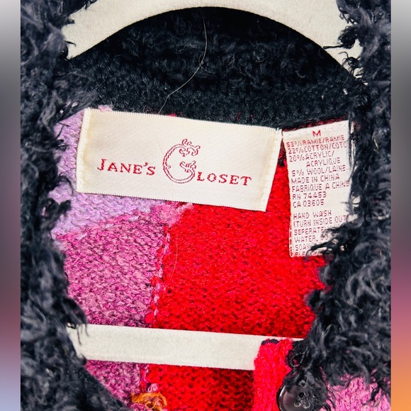 vintage Jane's closet colorful patchwork fringe wool blend cardigan sweater - Picture 3 of 3